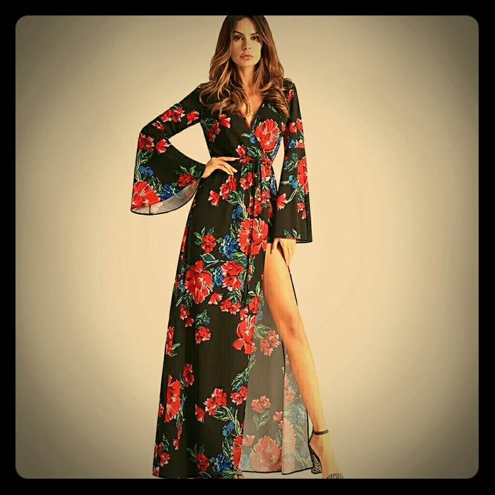 Black Floral Print Bell Sleeve Wrap Maxi Dress